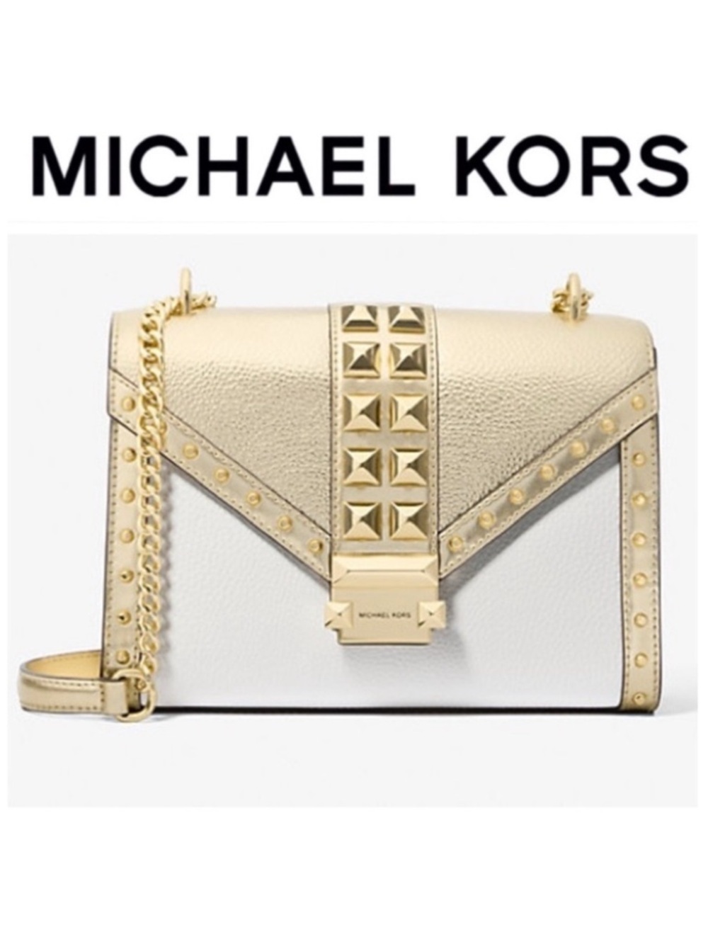 Michael Kors Whitney Studded Metallic Shoulder Crossbody Bag Gold White NWT $628